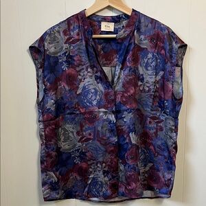 Elie Tahari Vibrant Floral Sleeveless Satin Blouse Boxy Oversized Layering M